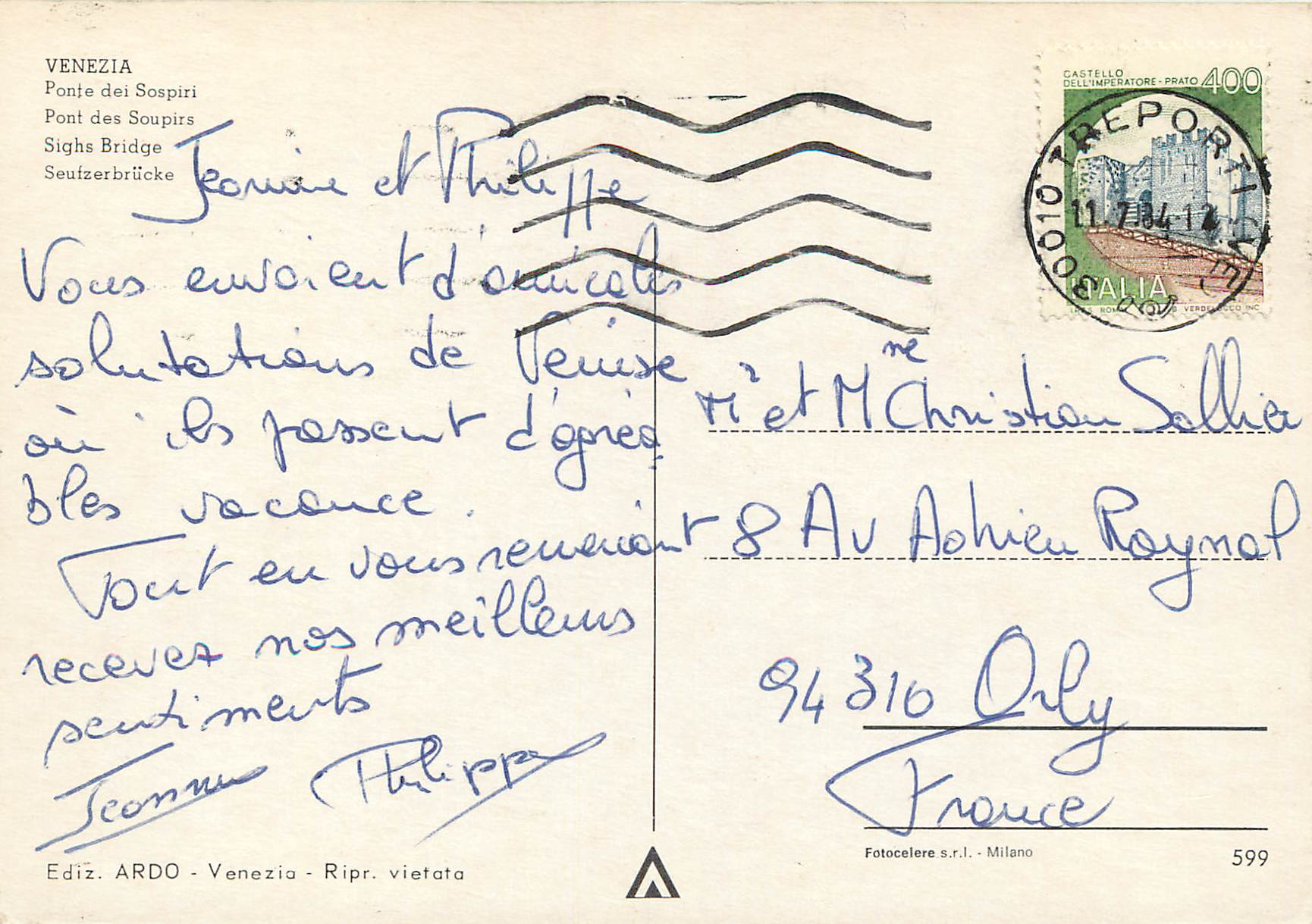 CPM Venezia Pont des Soupirs — Verso