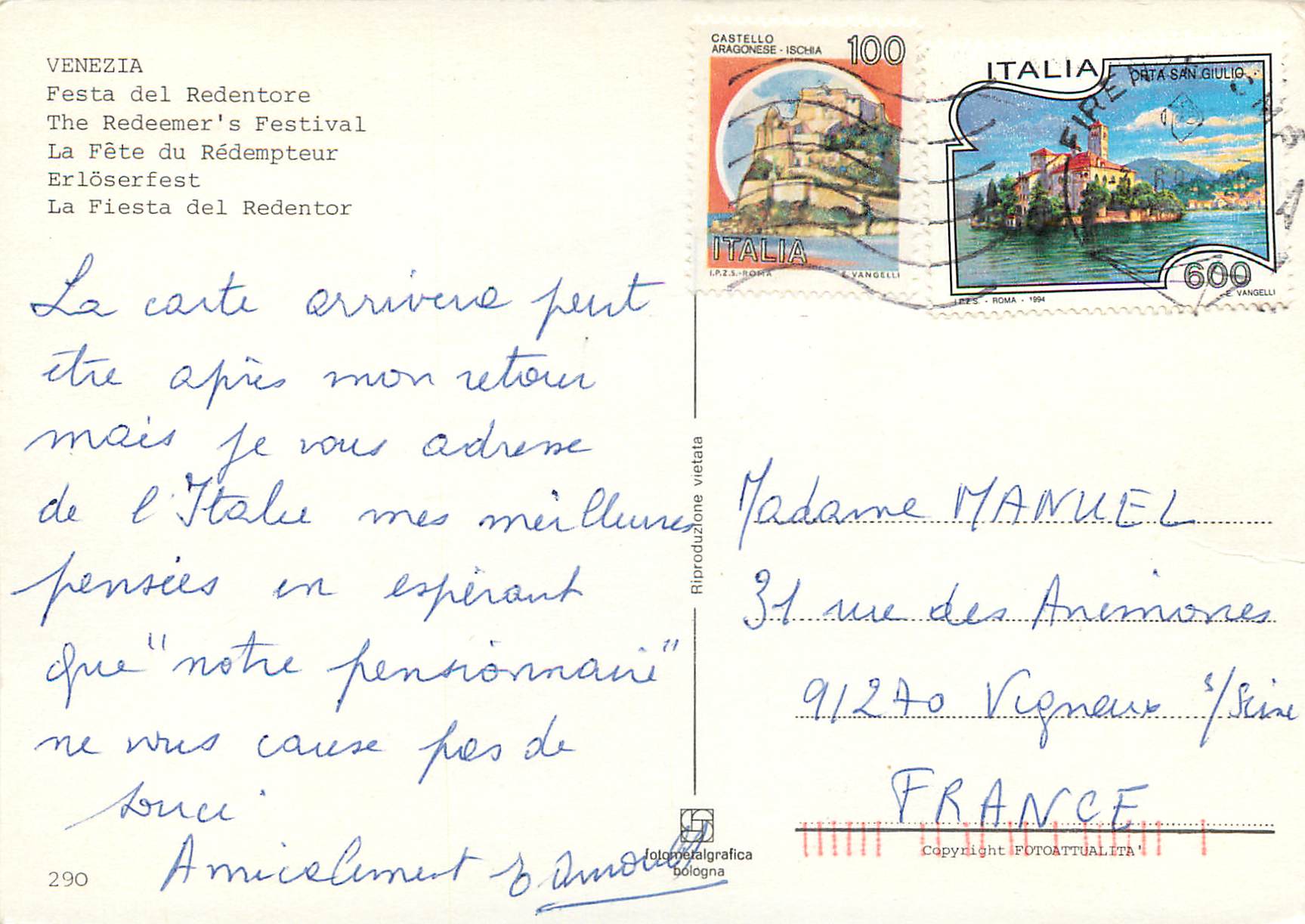 CPM Venezia La Fete du Redempteur — Rückseite