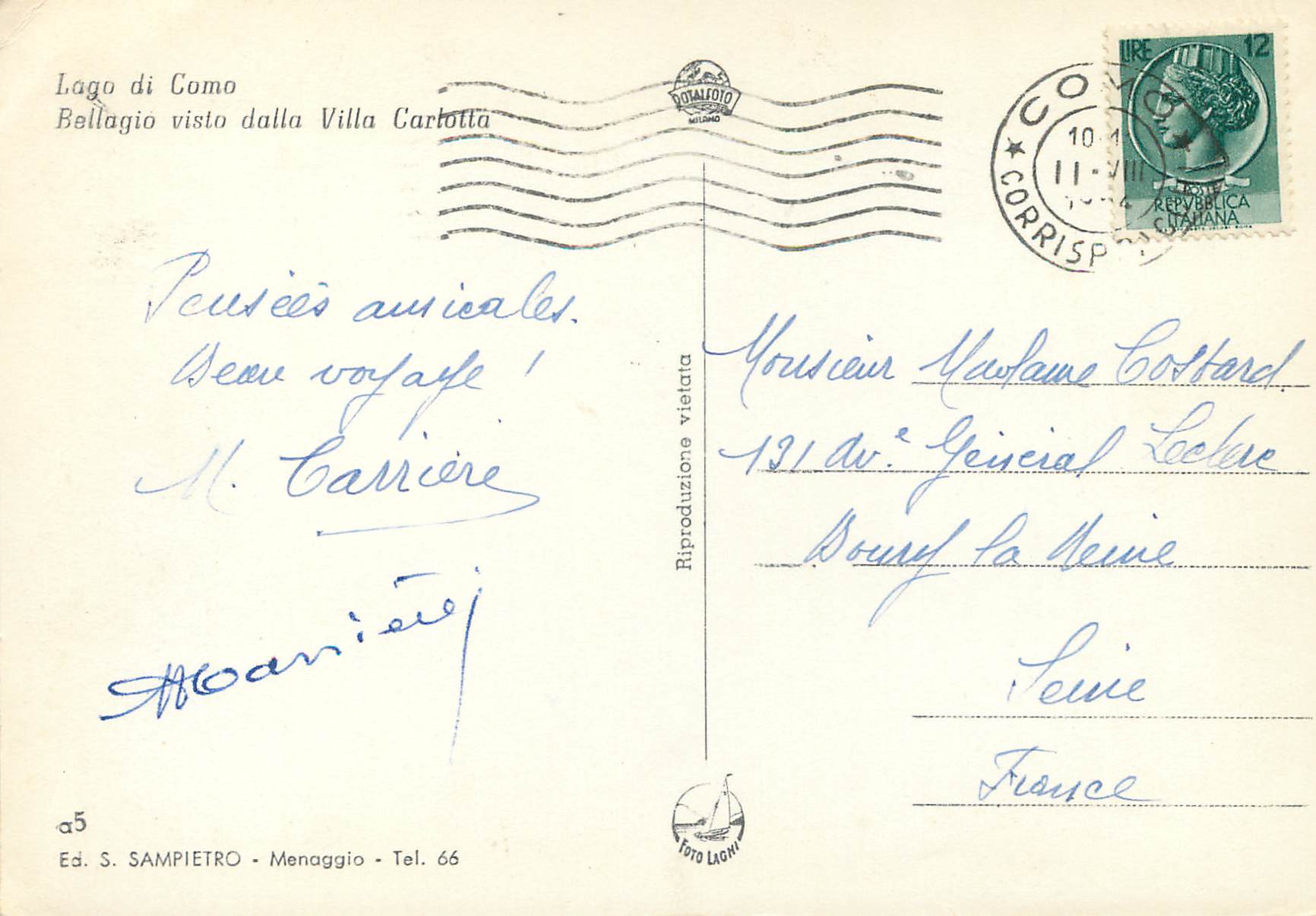 Lago di Como — Bellagio vuoto dalla Villa Carlotta — Ed. S. SAMPIETRO - Menaggio — Reverso