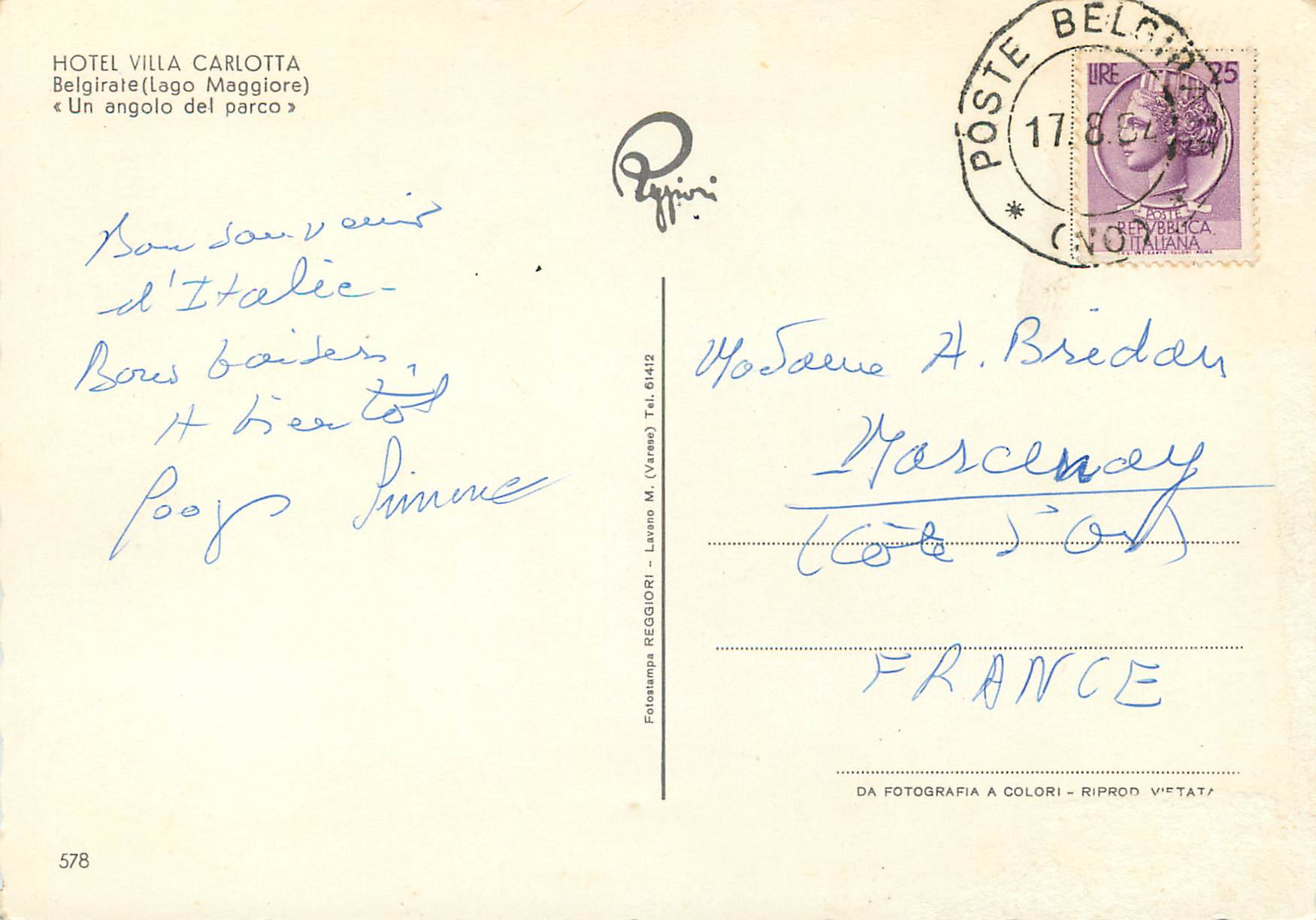 Hôtel Villa Carlotta — Beligirale (Lago Maggiore) — Fotostampa Reggiori, n° 578 — Verso