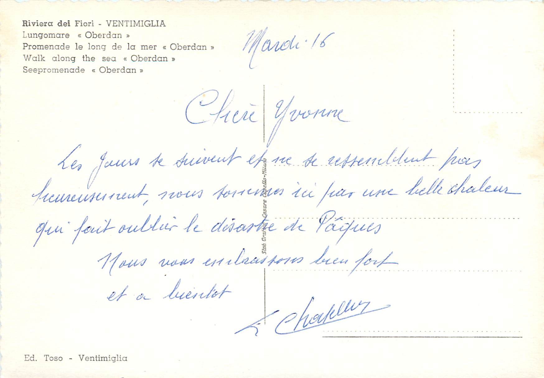 CPM Ventimiglia Promenade le long de la mer Oberdan — Rückseite