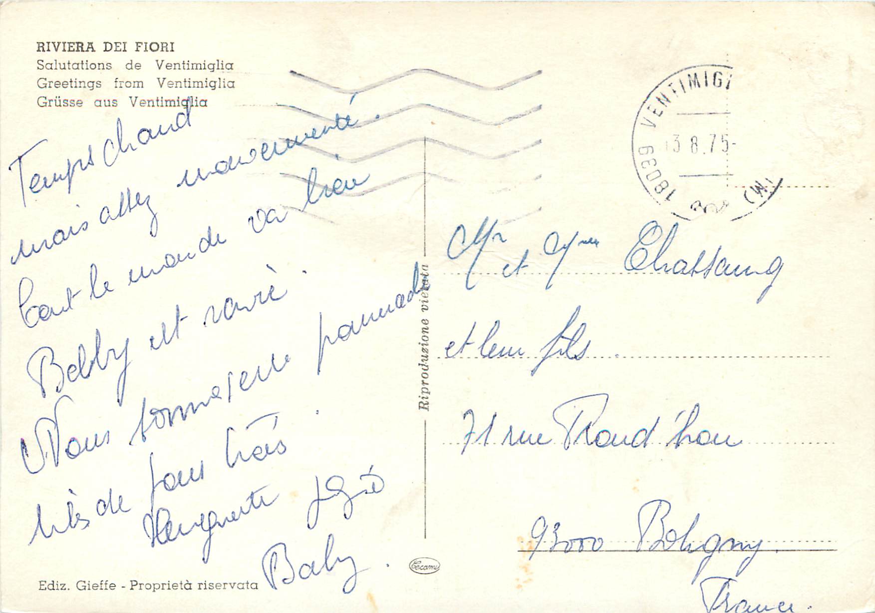 CPM Riviera Dei Fiori Salutations de Ventimiglia — Rückseite