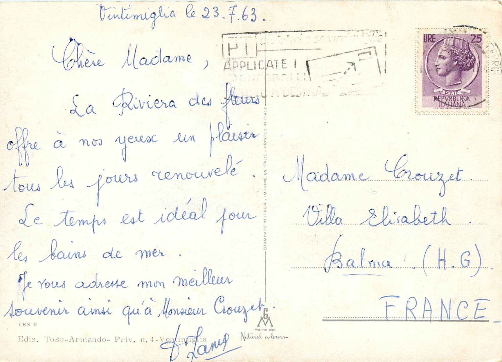 CPM Ventimiglia Riviera Dei Fiori Souvenir — Rückseite