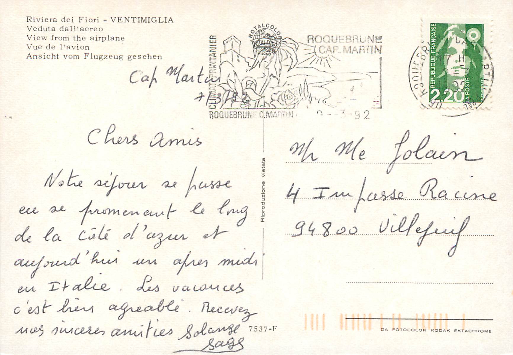 CPM Ventimiglia Riviera Dei Fiori Vue de l'avion — Rückseite