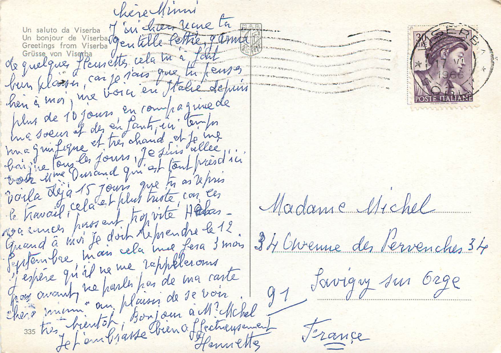 CPM Souvenir de Viserba — Rückseite