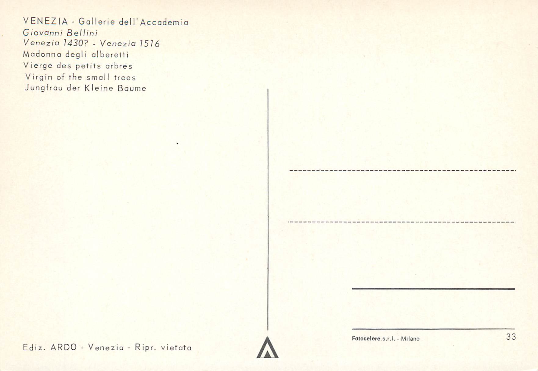 CPM Venezia Gallerie dell'Accademia Vierge des petits Arbres — Rückseite
