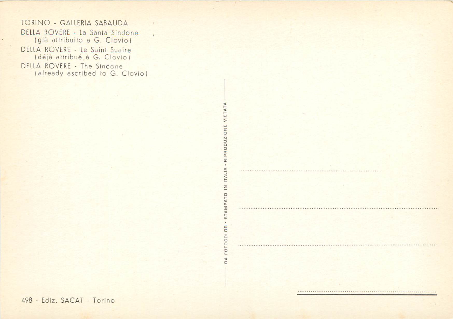 CPM Torino gallerie sabauda della rovere le saint suoire (deja attribue a g clovio) — Rückseite