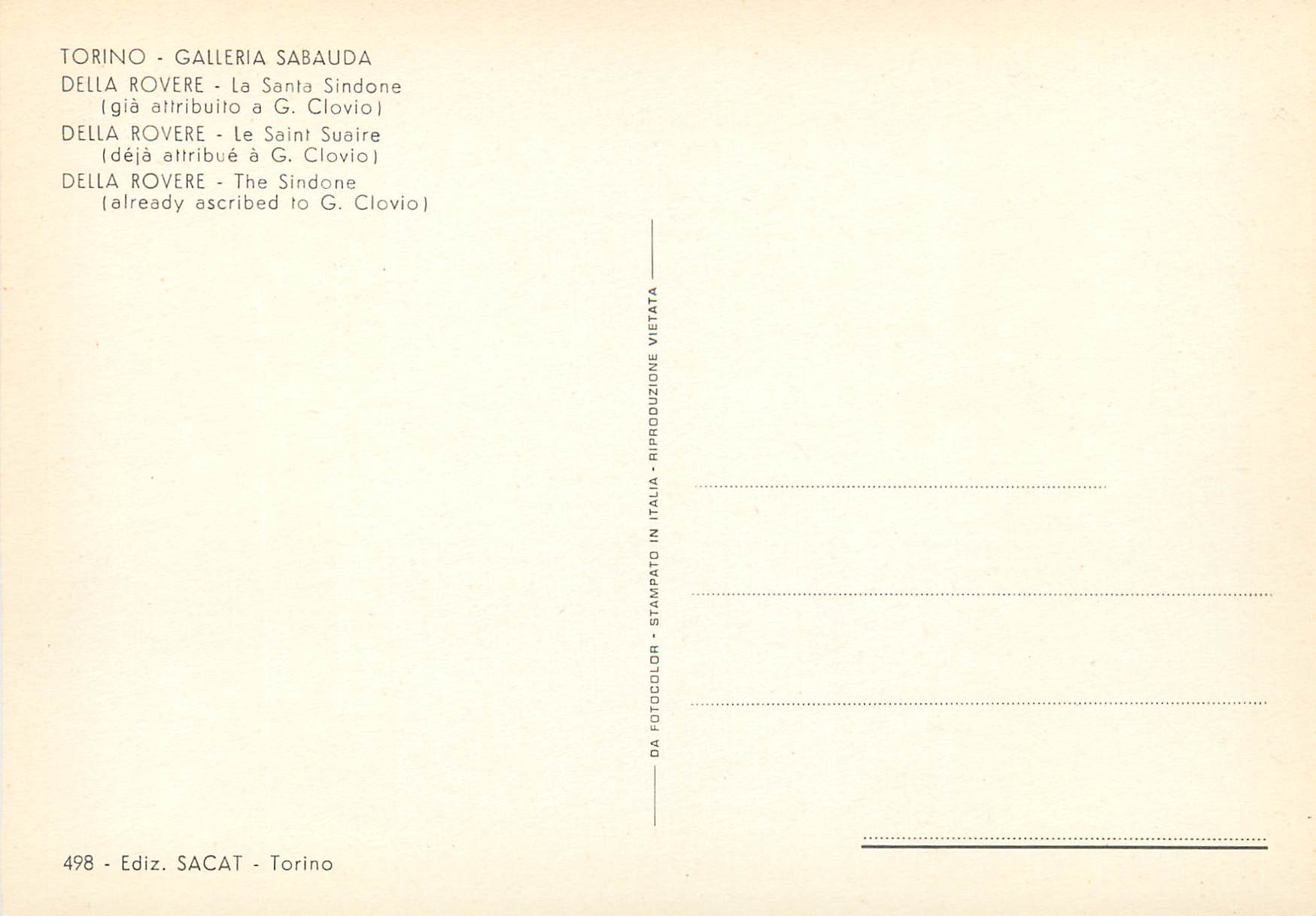 CPM Torino gallerie sabauda della rovere le saint suaire (deja attibue a g clovio) — Rückseite