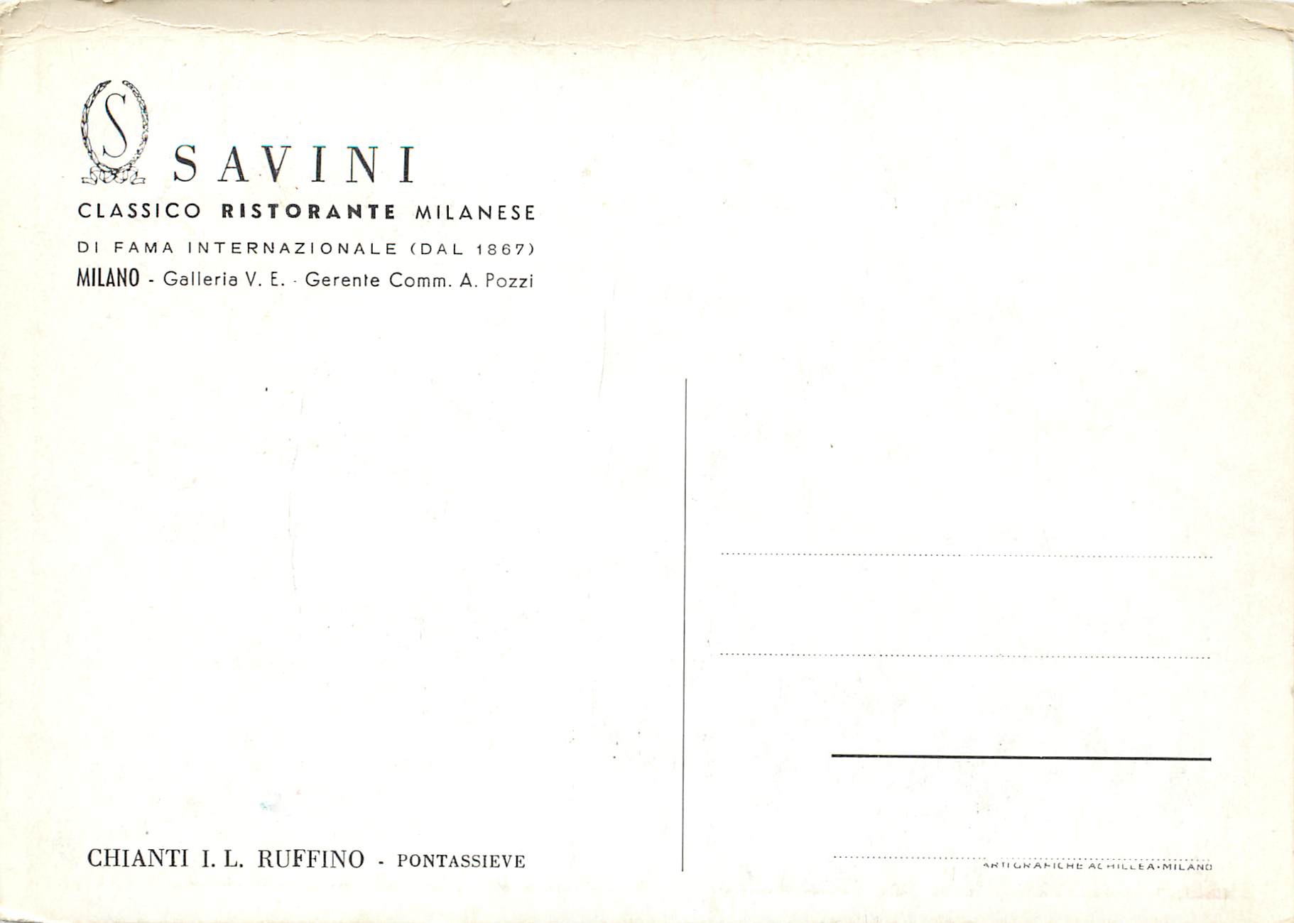 CPM Savini classico ristorante milanese milano gallerie V E gerente comm a pozzi di fama internazionale (dal 1867) — Rückseite
