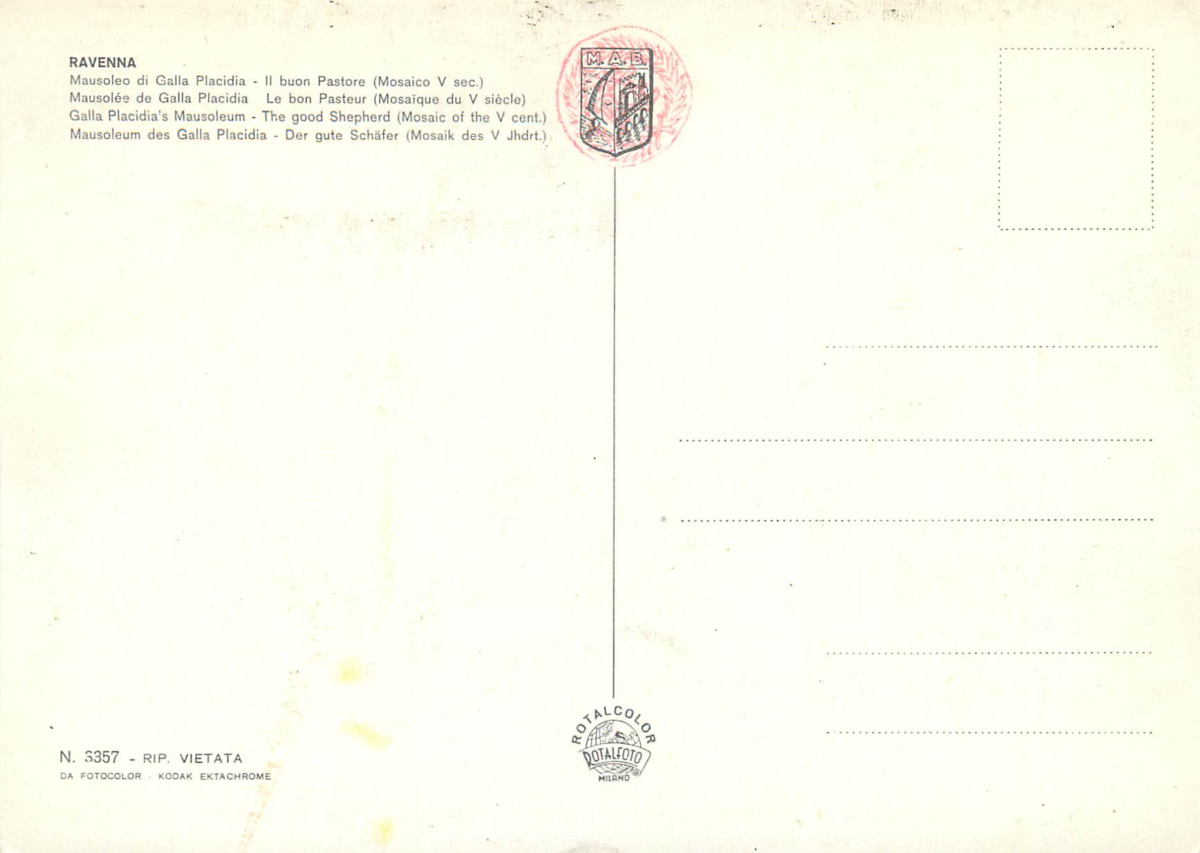 CPM Ravenna mausolee de galia placidia le bon pasteur (mosaique du V s) — Rückseite