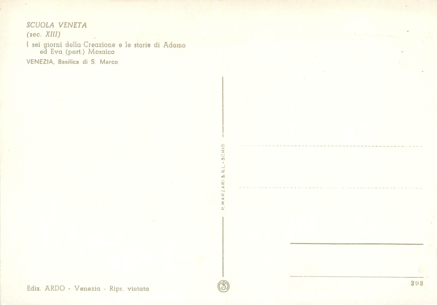 CPM Scuola veneta (sec XIII) venezia basilica di s marco i sei giorni della crezione e le storie di adamo ed eva (part)  — Verso