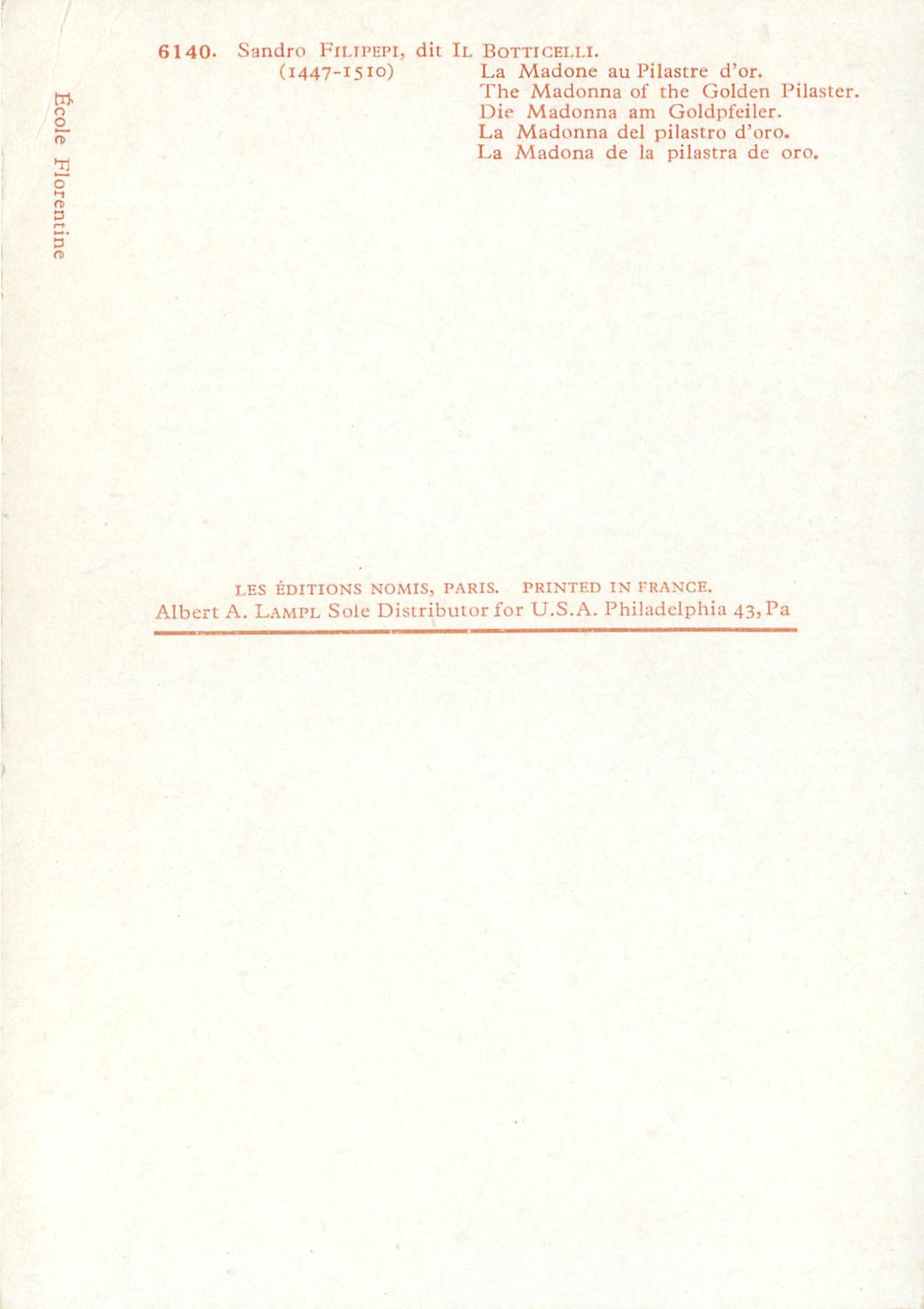 Madone au Pilastre d'or — Sandro Botticelli (1447-1510) — Les Éditions Nomis, Paris — Verso