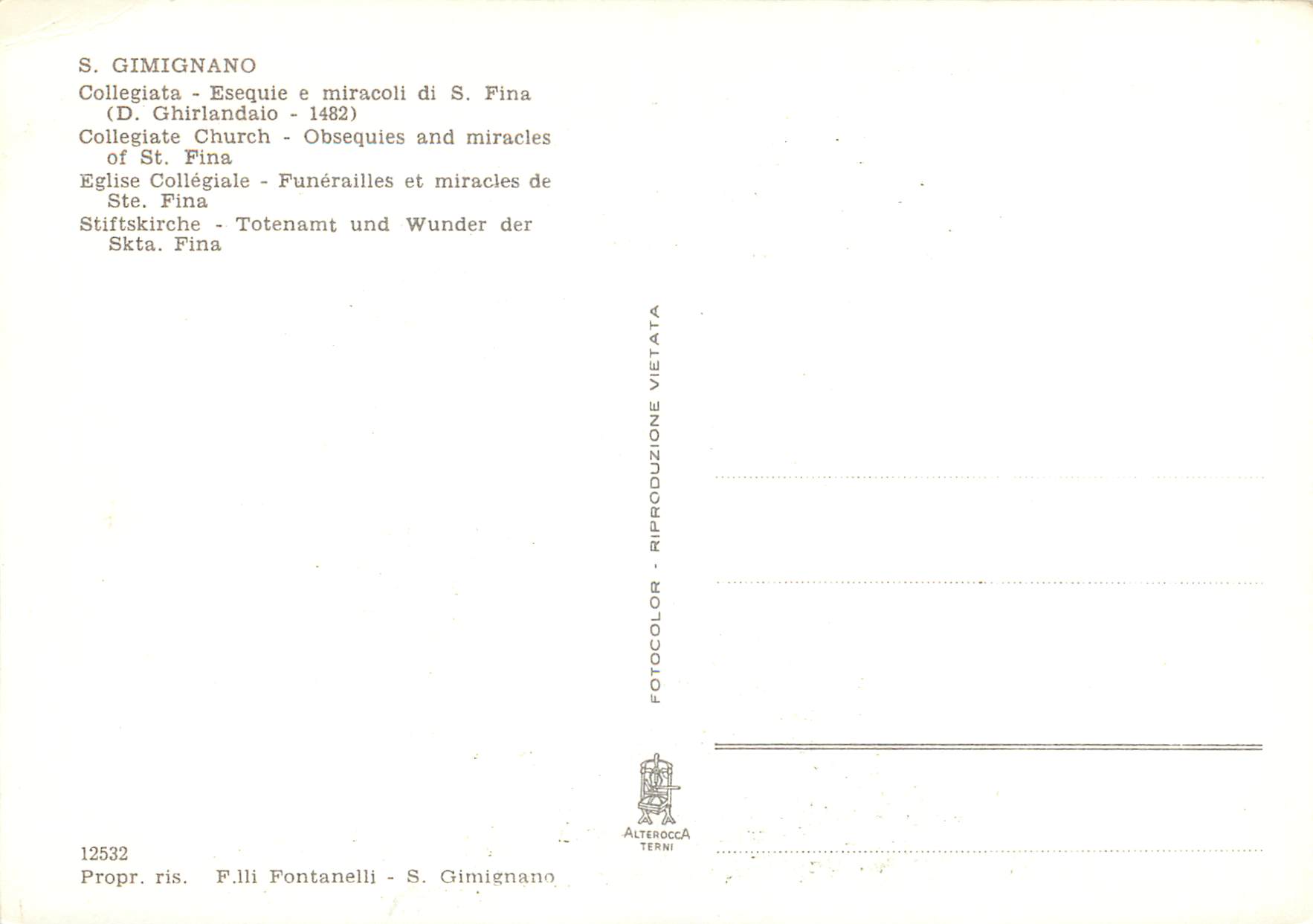 CPM S gimignano eglise collegiale funerailles et miracles de ste fina — Rückseite