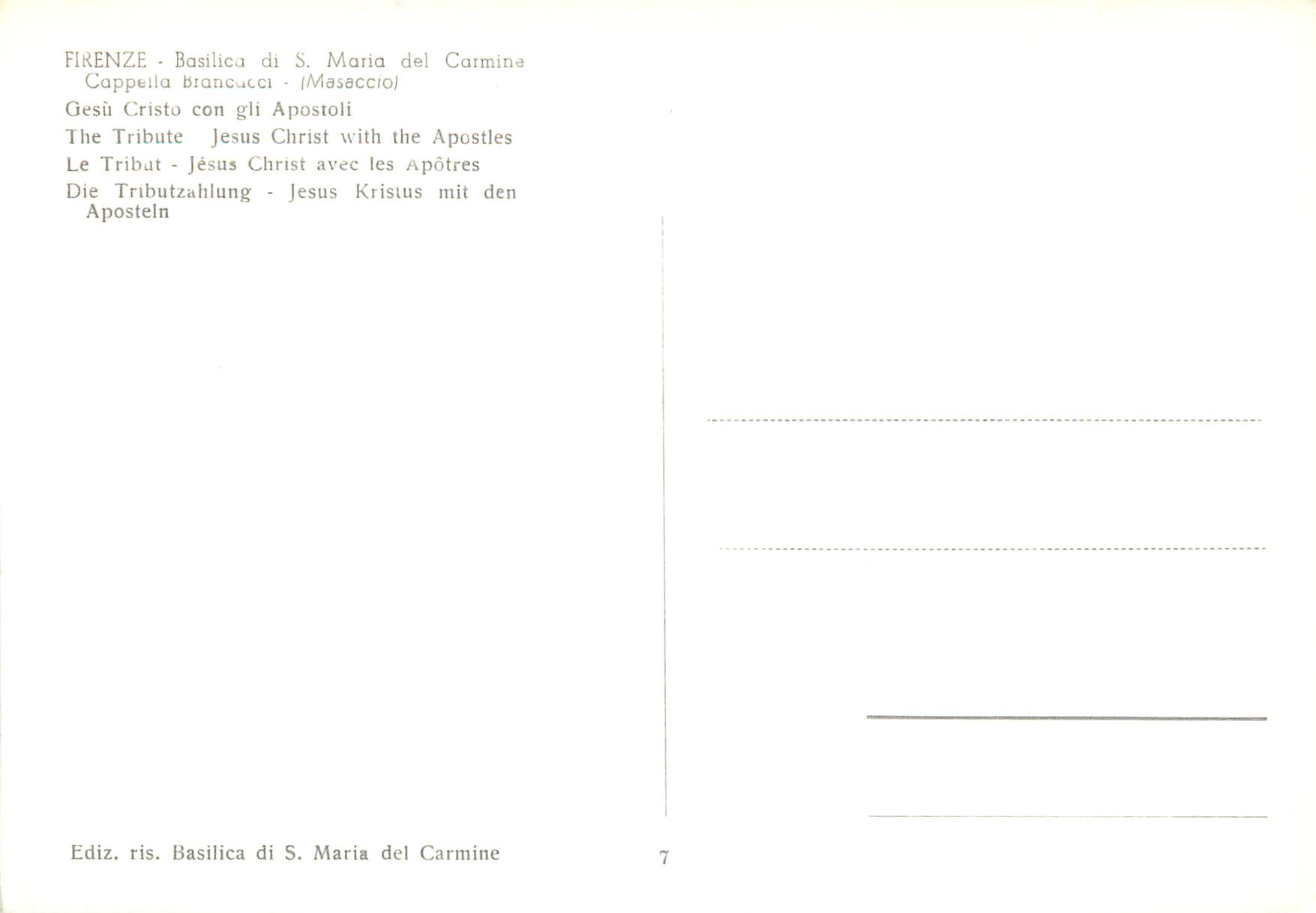 CPM Firenze basilica di s maria del carmina cappella le tribut jesus christ avec les apotres — Verso