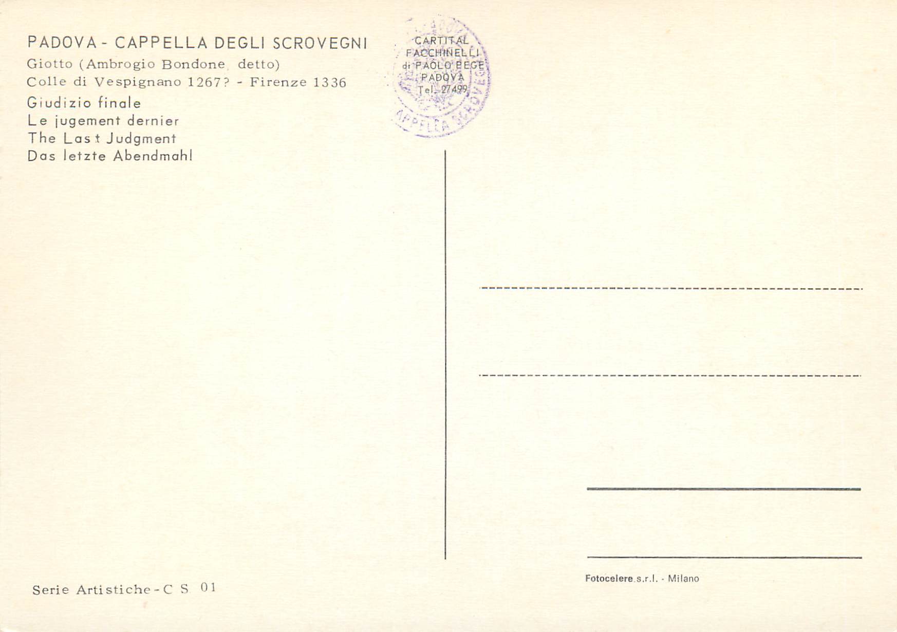 CPM Padova cappella degli scrovegni giotto (ambrogio bondone detto) le jugement dernier — Rückseite