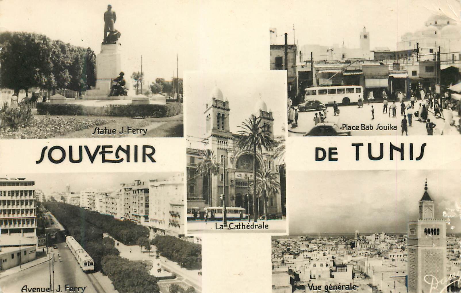 CPM Tunis souvenir Statue J Ferry Place Bab Souika Avenue J Ferry Tramway Vue generale