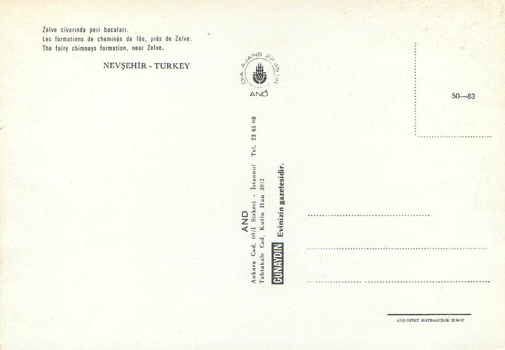CPM Turkey les formations de cheminee de fee pres de zelve — Verso