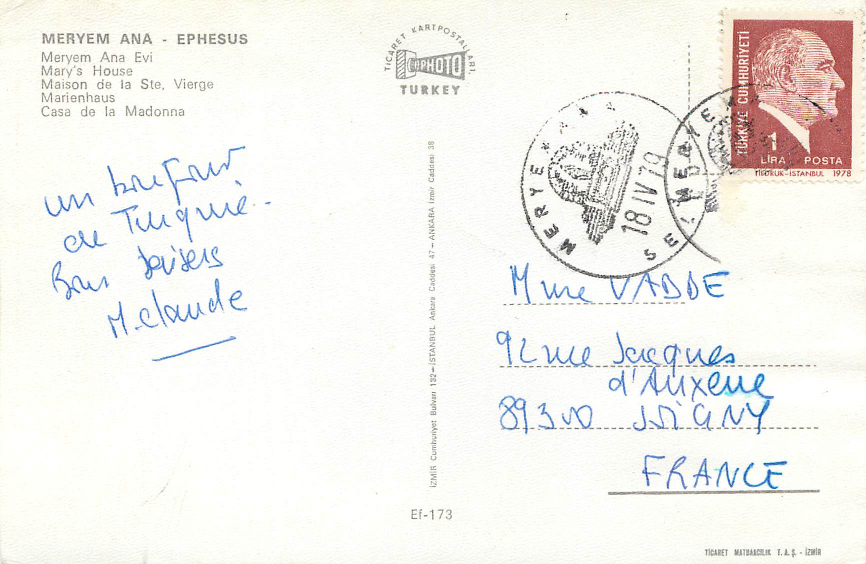 CPM Meryem ana ephesus maison de la ste vierge — Verso