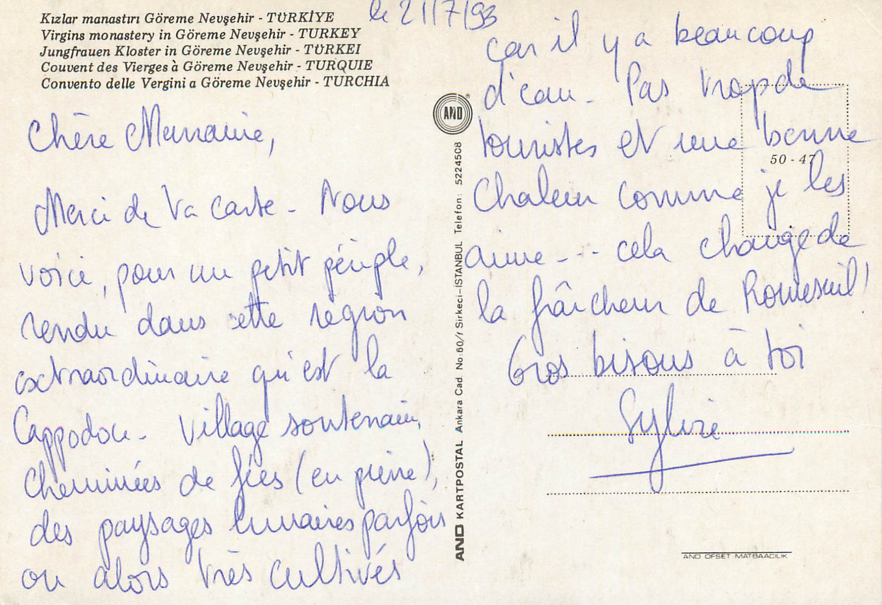 CPM Turkey aydin couvent des vierges a goreme nevshir — Verso