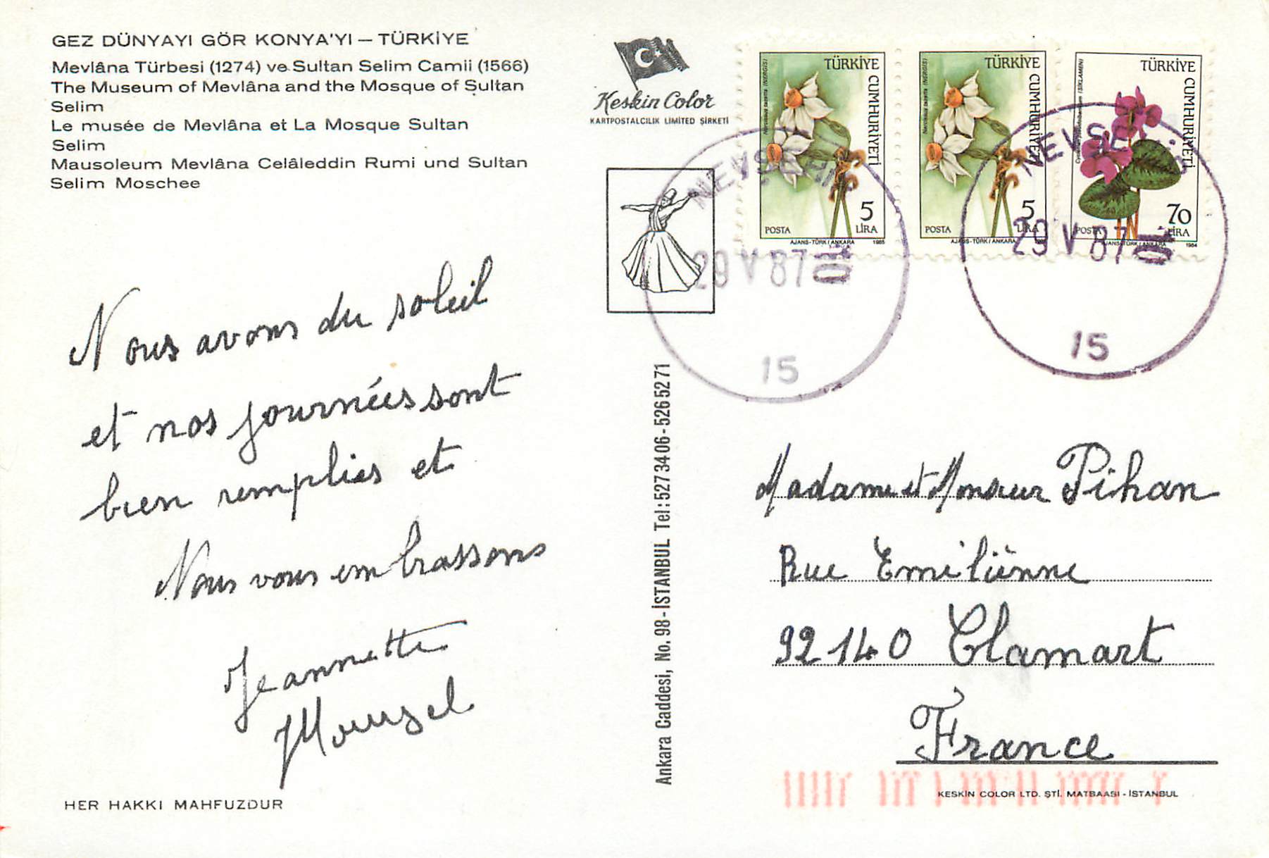 CPM Turkey Le musee de Meviana et La mosque Sultan Salim — Verso