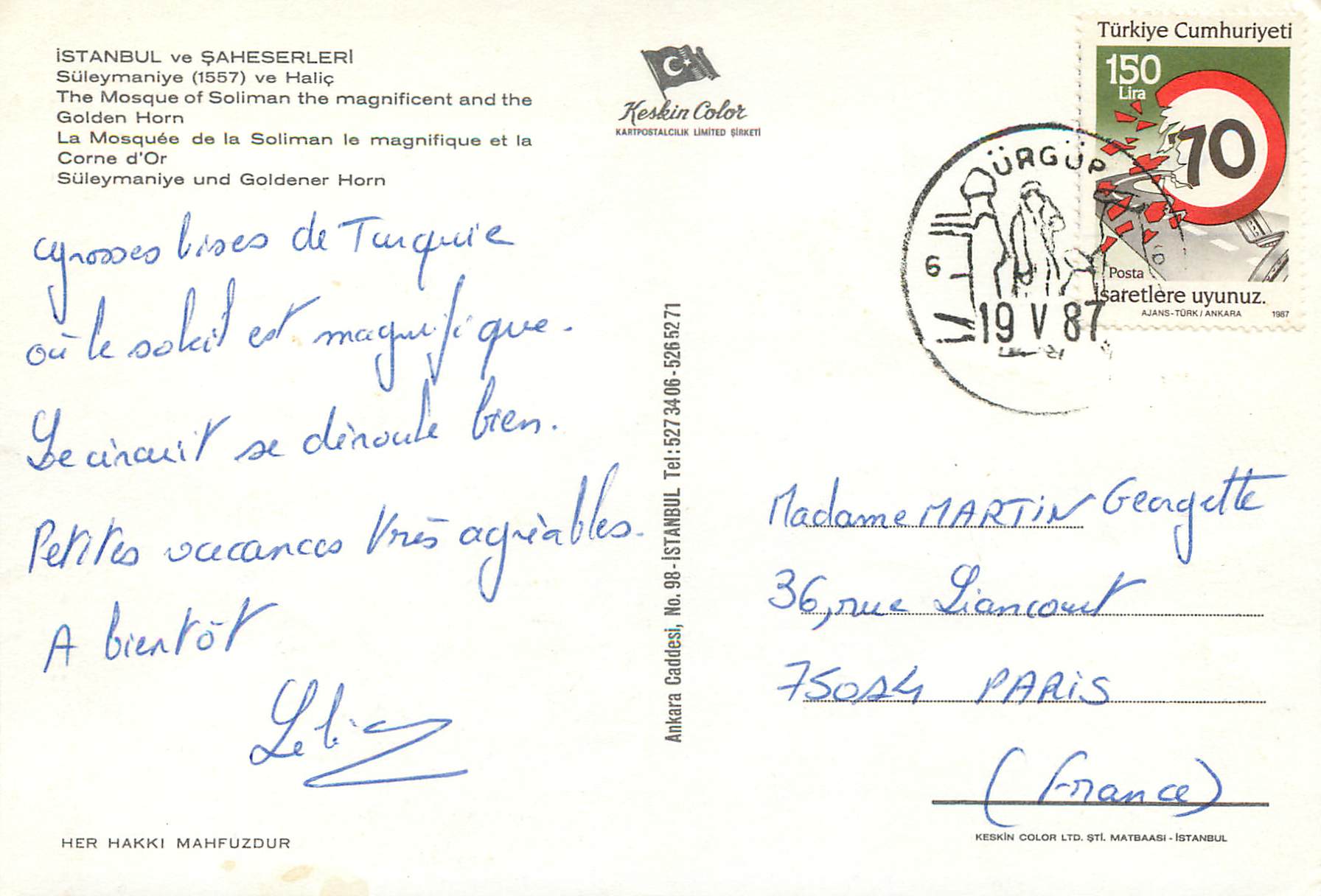 CPM Istanbul Turkey Le Mosquee de la Soliman le magnifique et la Corne d'Or — Verso