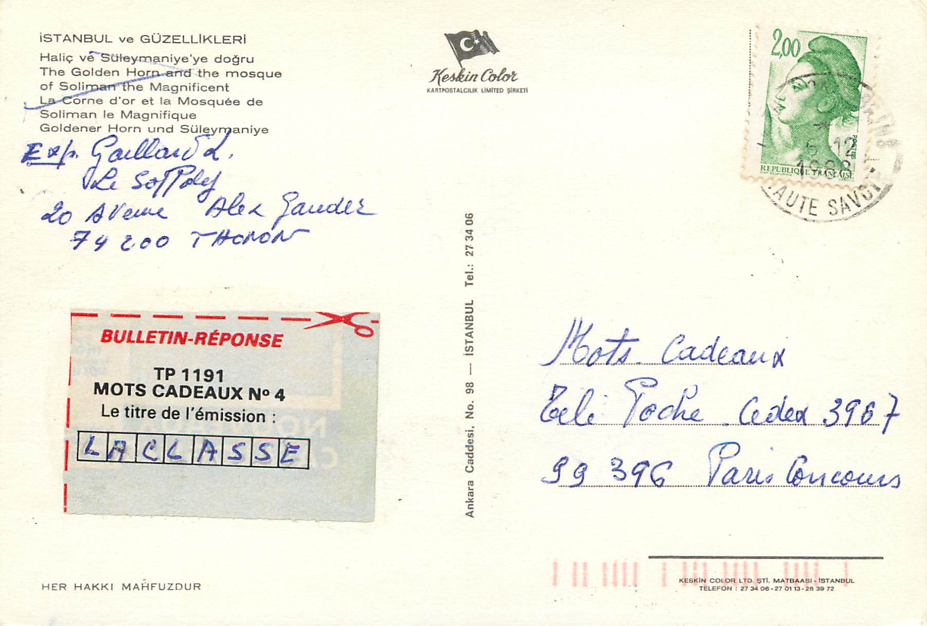 CPM Istanbul Turkey La Corne d'or et la Mosquee de Soliman le Magnifique — Verso