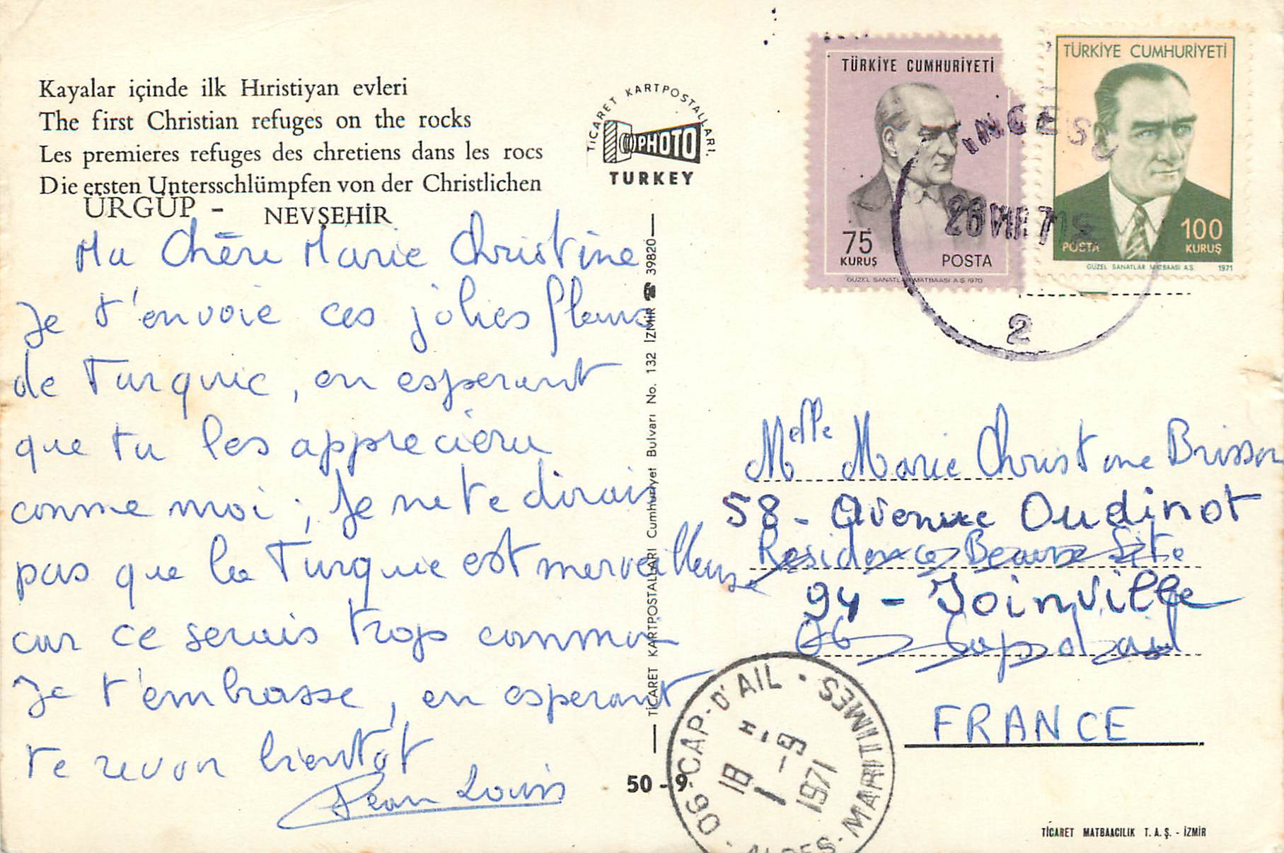 CPM Urgup Nevsehir Turkey Les permieres refuges de chertiens dans les rocs — Verso