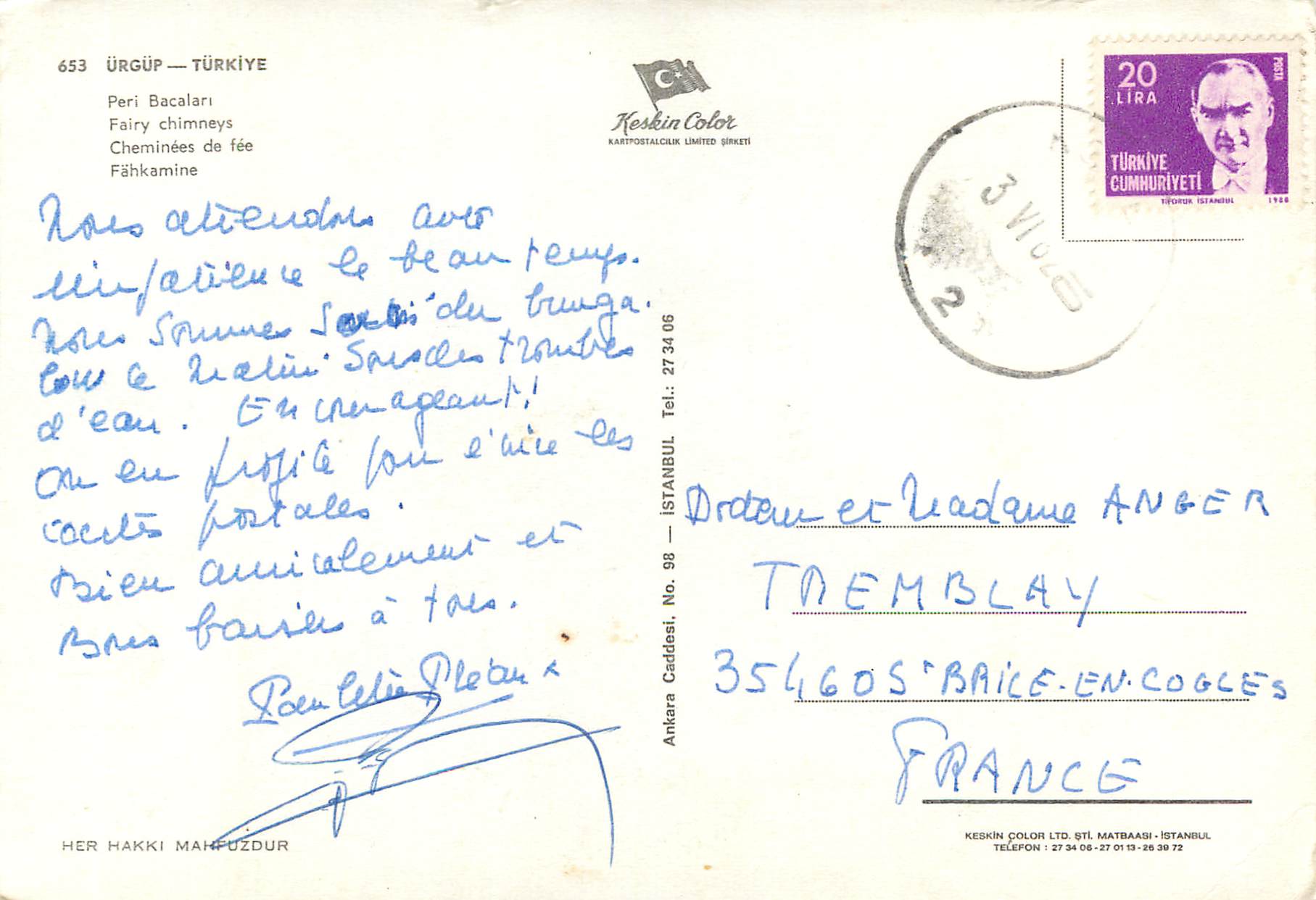 CPM Turkey Urgup Cheminees de fee — Verso