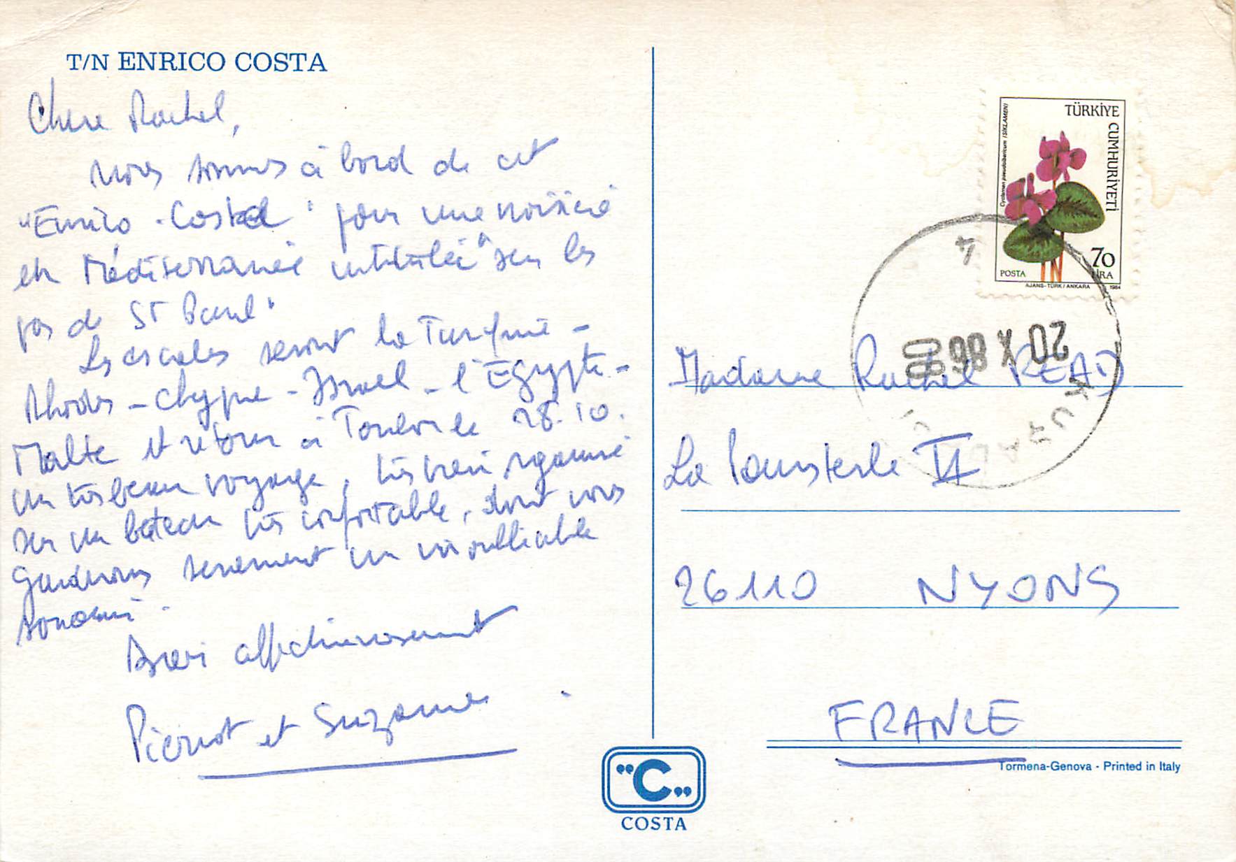 CPM Turkey Enrico Costa Bateau — Verso