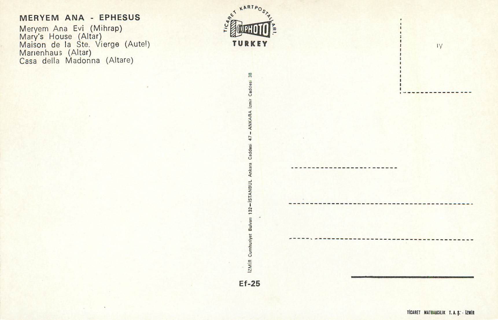 CPM Turkey Ephesus Meryem Ana Maison de la Ste Vierge (Autel) — Verso