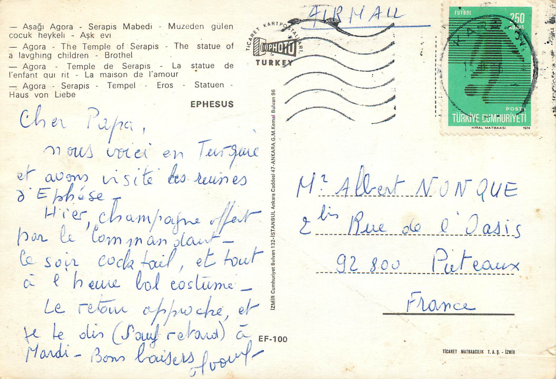 CPM Turkey Ephesus Agora Temple de Serapis La statue de l'enfant qui rit la maison de l'amour — Verso