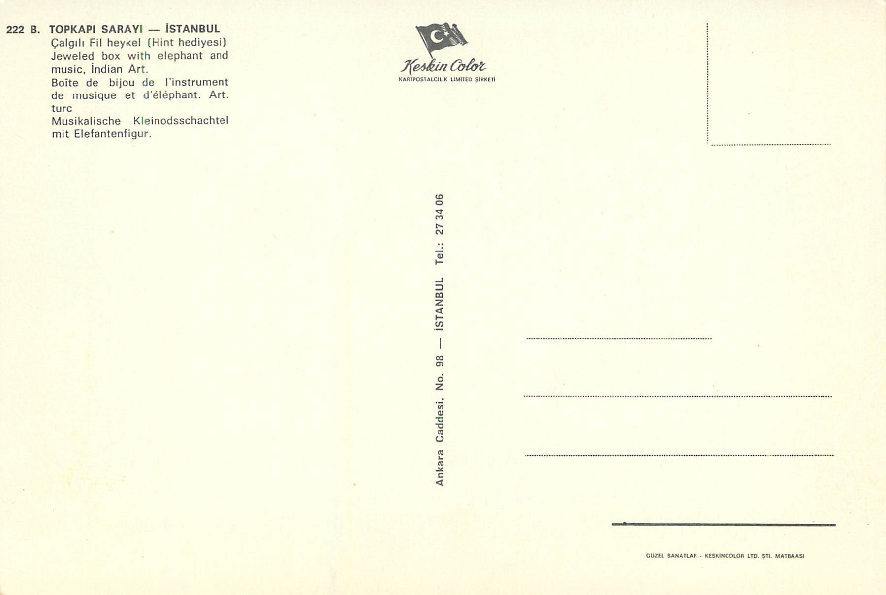 CPM Istanbul Turkey Boite de bijou de l'instrument de musique et d'elephant Art turc — Verso