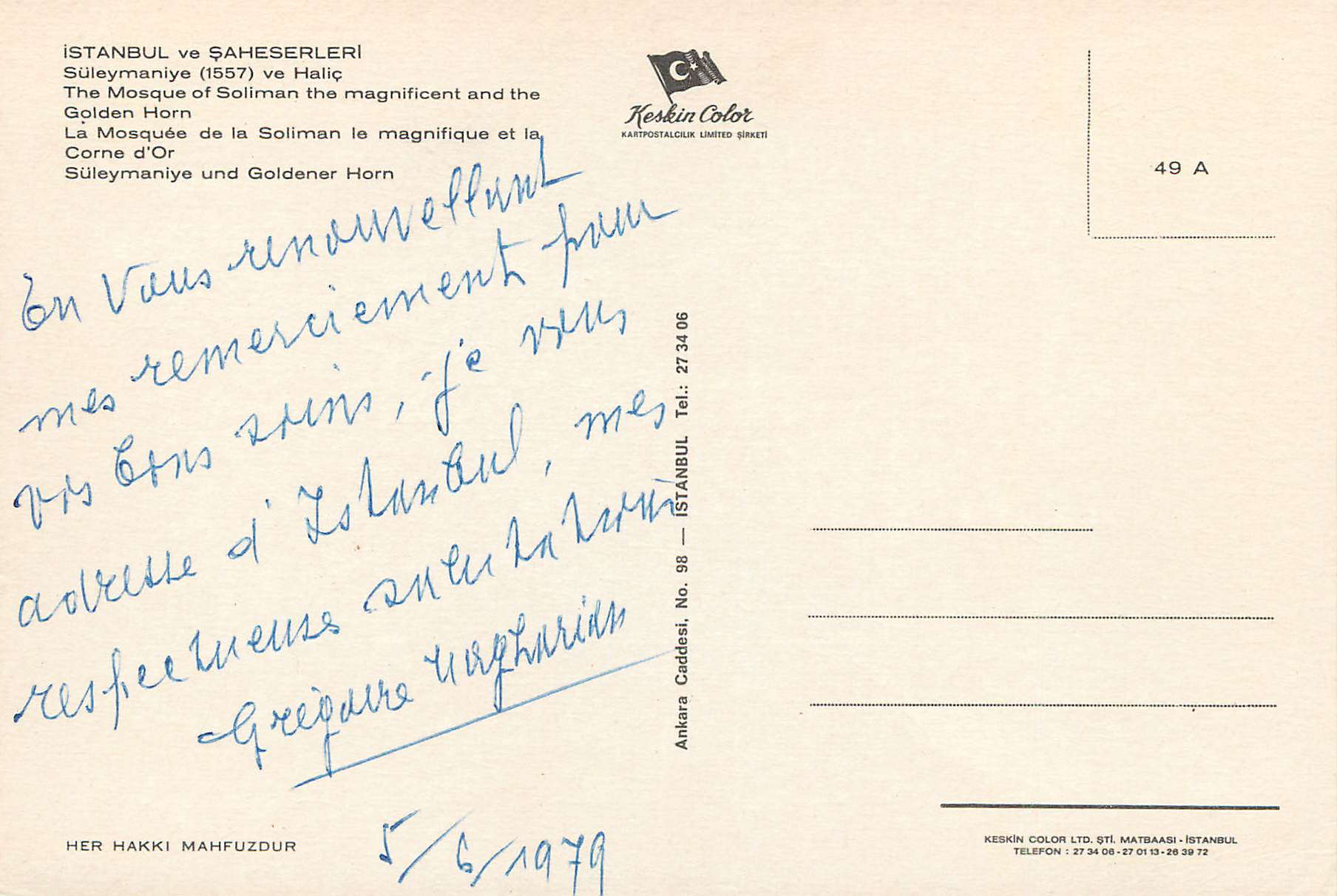 CPM Istanbul Turkey La Mosquee de la Soliman le magnifique et la Corne d'Or — Verso