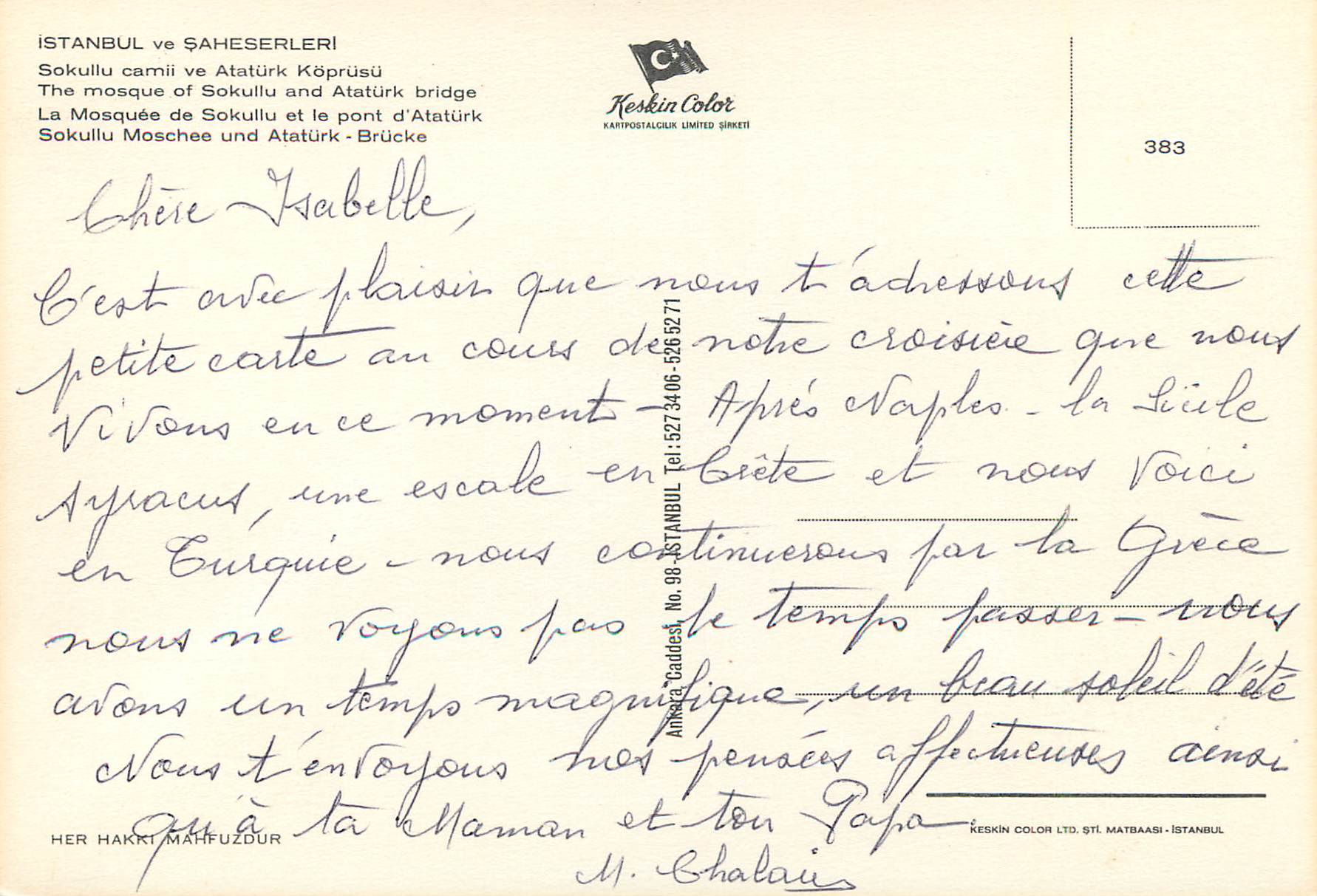 CPM Istanbul Turkey La Mosquee de Sokullu et le pont d'Ataturk — Verso