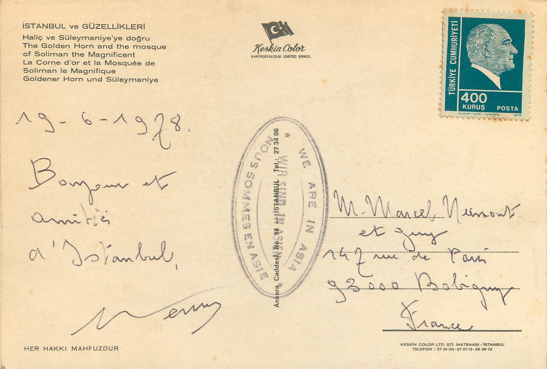 CPM Istanbul Turkey La Corne d'or et la Mosquee de Soliman le Magnifique — Verso