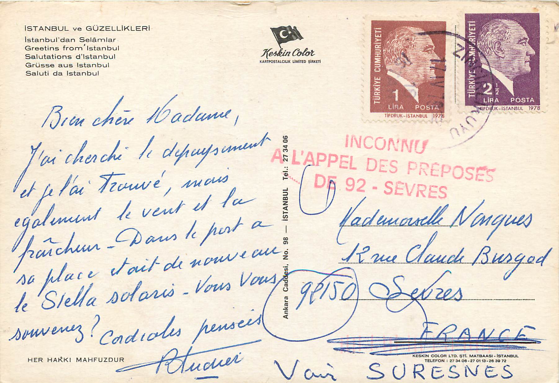 CPM Istanbul Turkey Salutation d'Istanbul — Verso