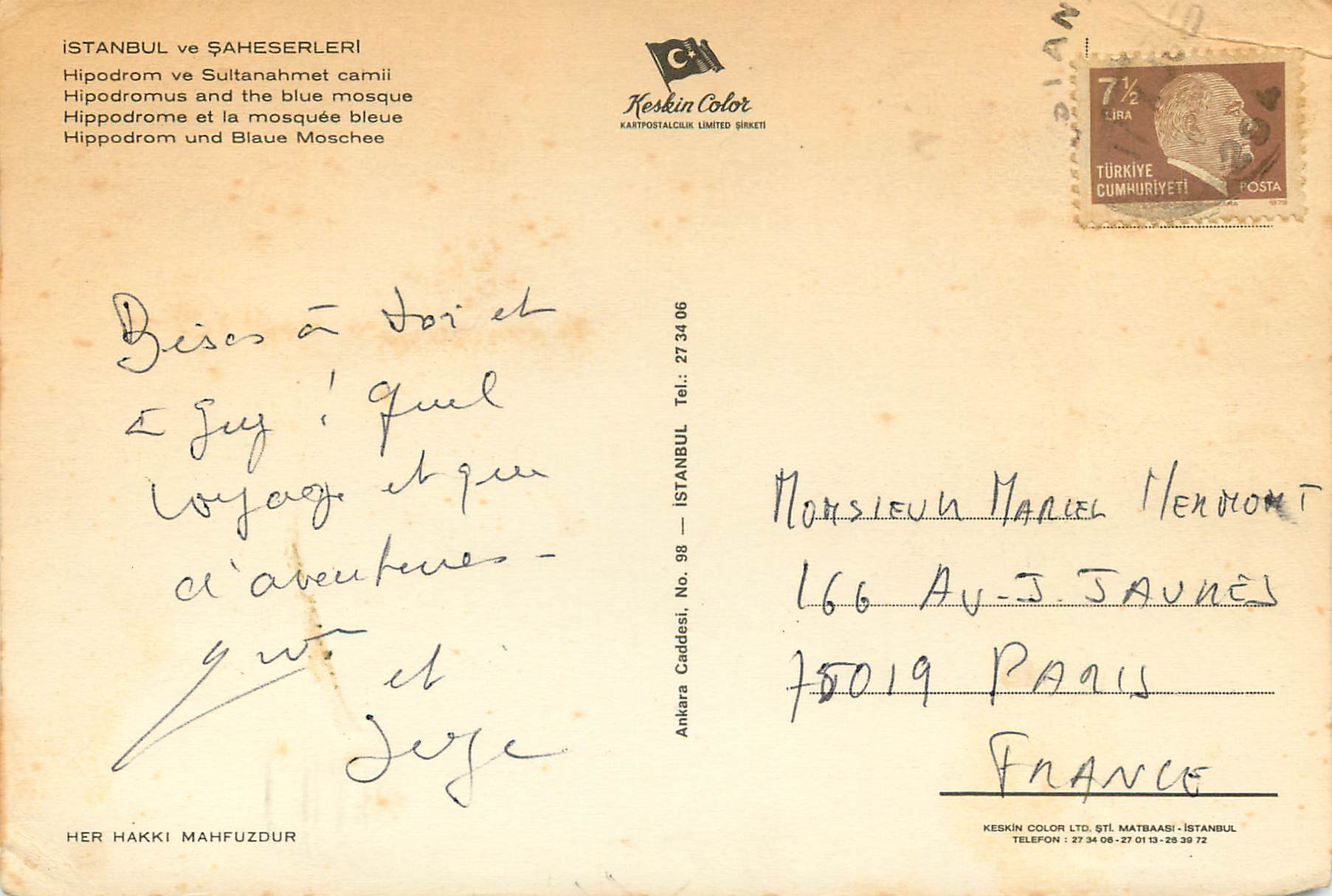 CPM Istanbul Turkey Hippodrome et la mosquee bleue — Verso