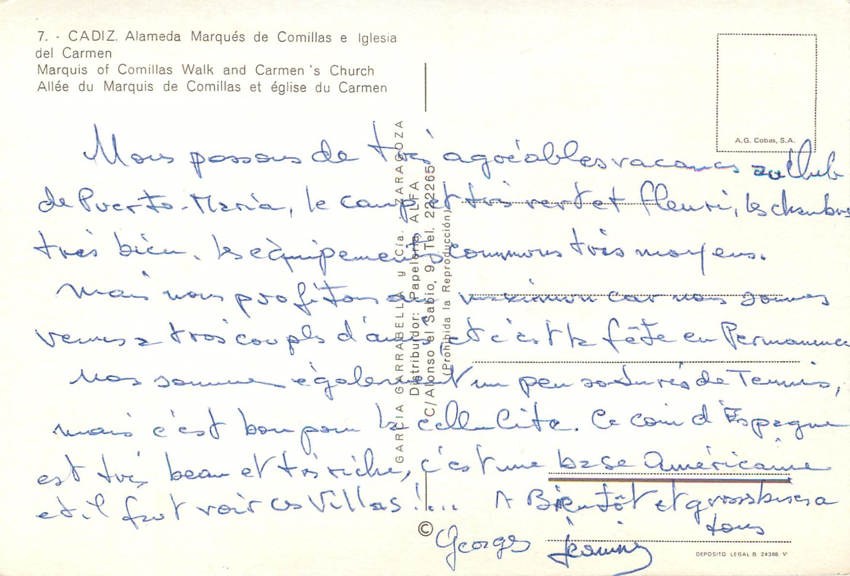 CPM Cadiz Allee du Marquis de Comillas et eglise du Carmen — Rückseite