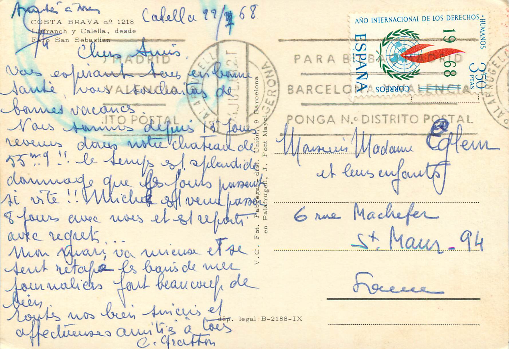 CPM Calella (Barcelona) Costa Brava — Rückseite