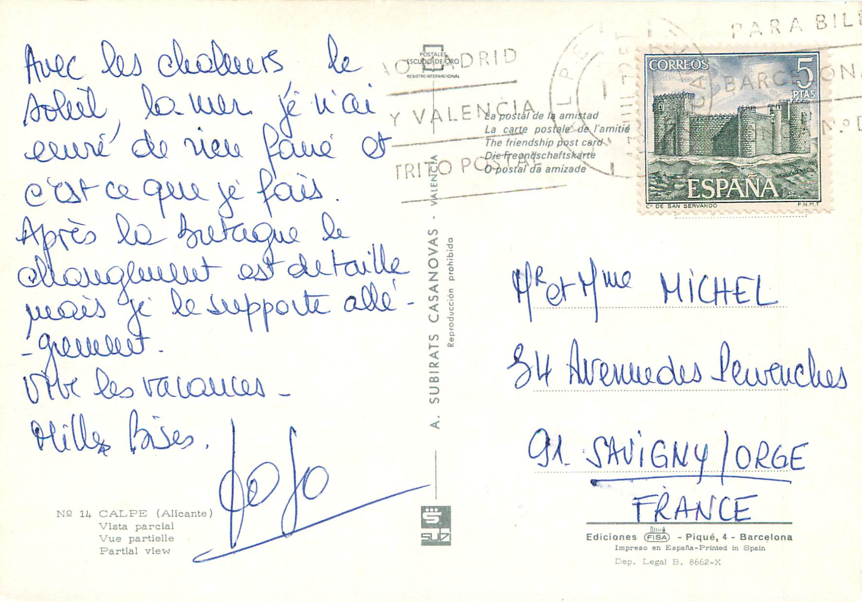CPM Calpe (Alicante) Vue partielle — Verso