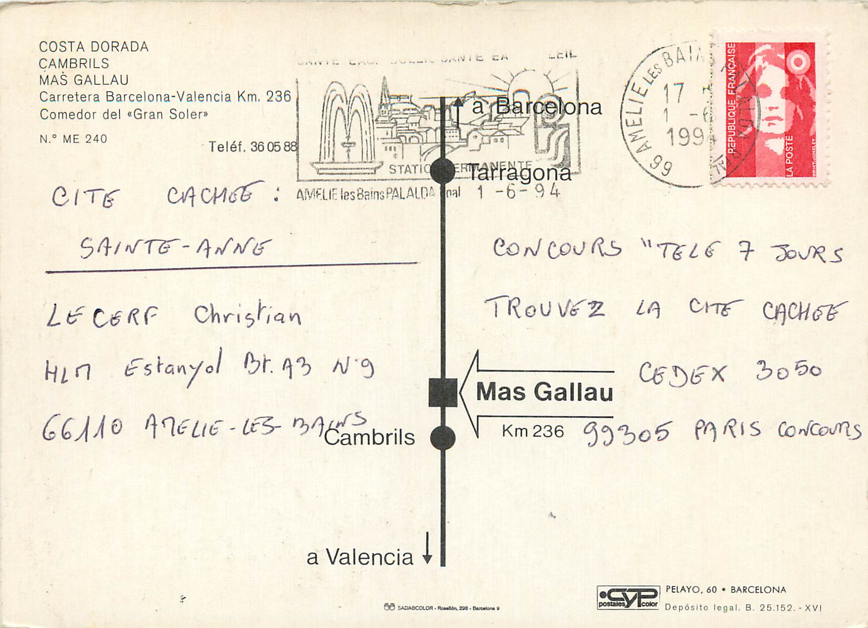 CPM Cambrils (tarragona) costa dorada carretera barcelina valencia km 236 comedor del gran soler — Rückseite