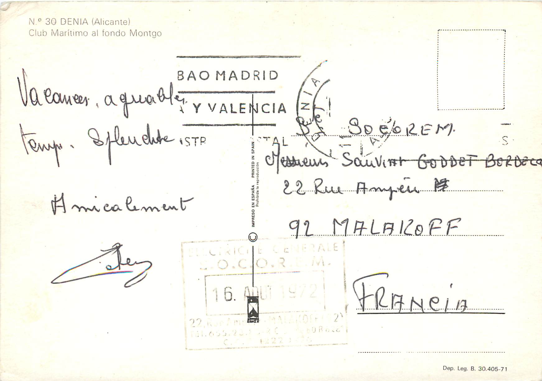CPM Denia (Alicante) Club Maritime al fondo Montgo — Verso