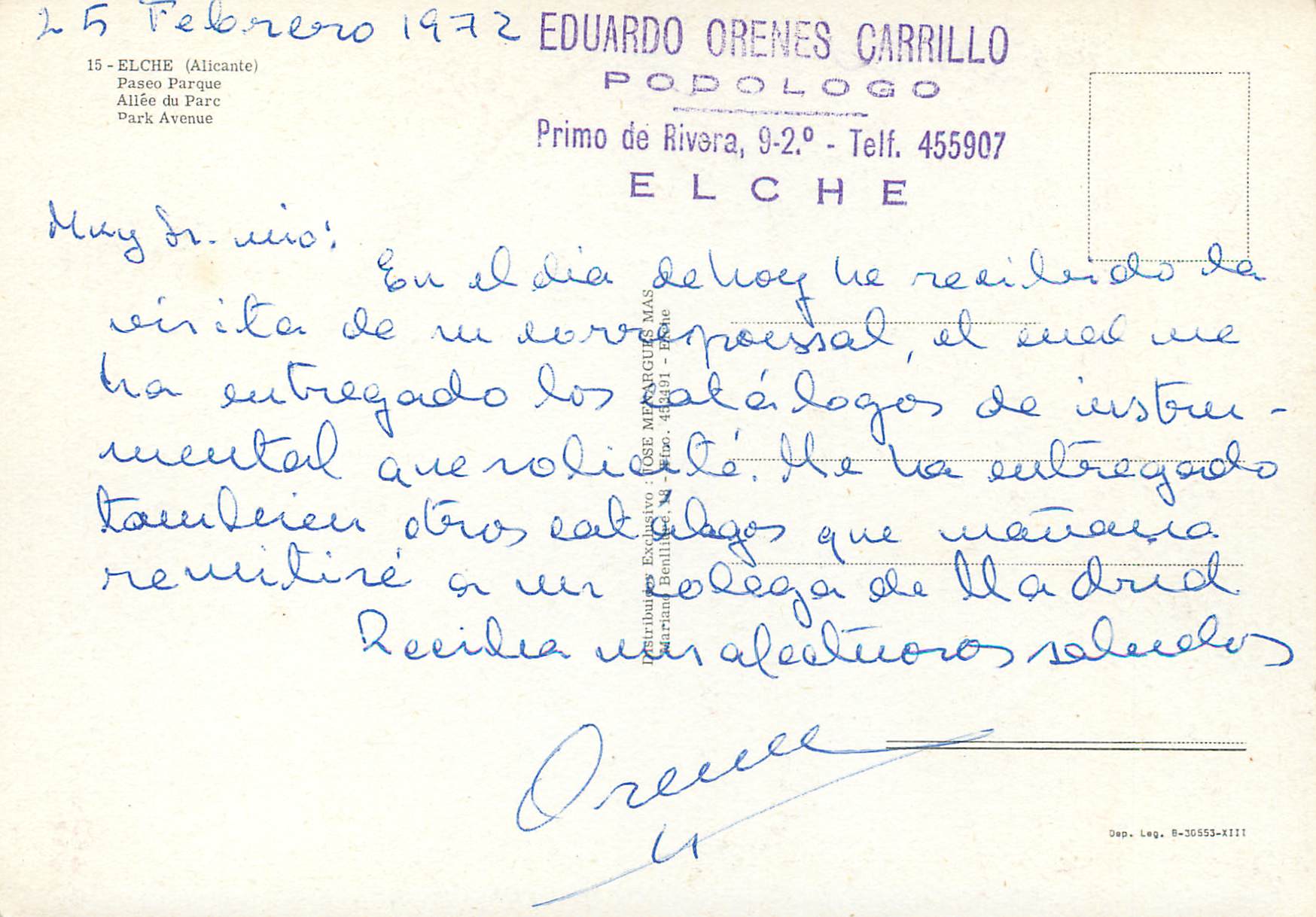 CPM Elche (Alicante) Allee du Parc — Rückseite