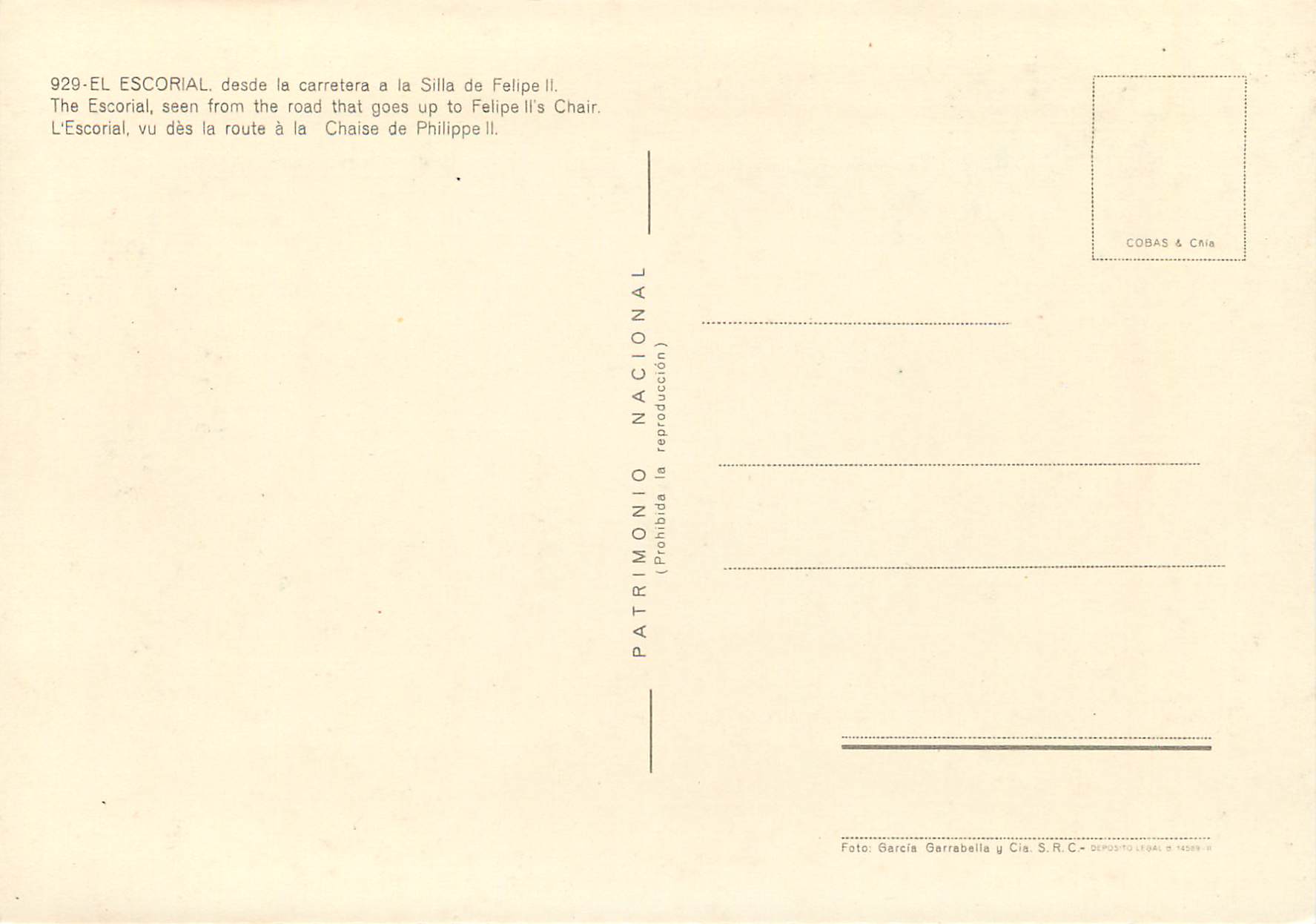 CPM El Escorial vu des la route a la Chaise de Philippe II — Rückseite