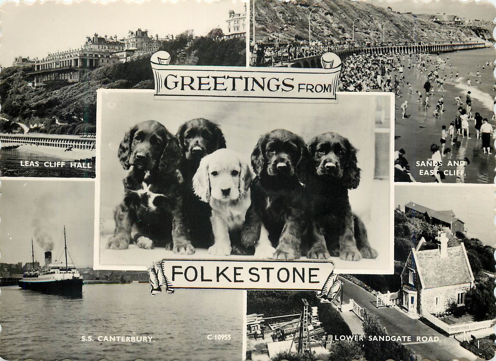 CPM Greetings form Folkestone Chiens Leas Cliff Hall SS Canterbury Bateau Sandgate Road