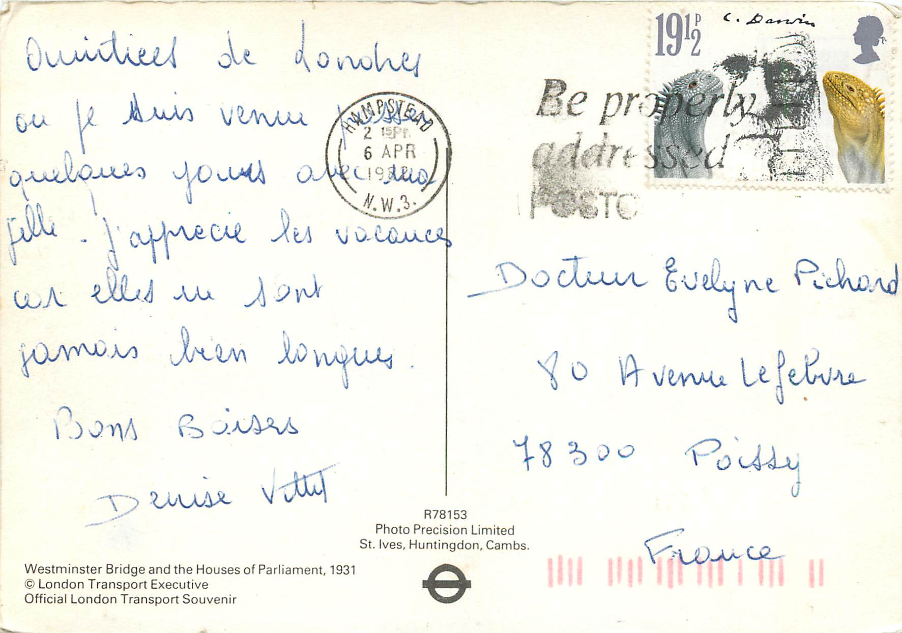 CPM Westminster Bridge and the Houses of Parliament 1931 London — Rückseite