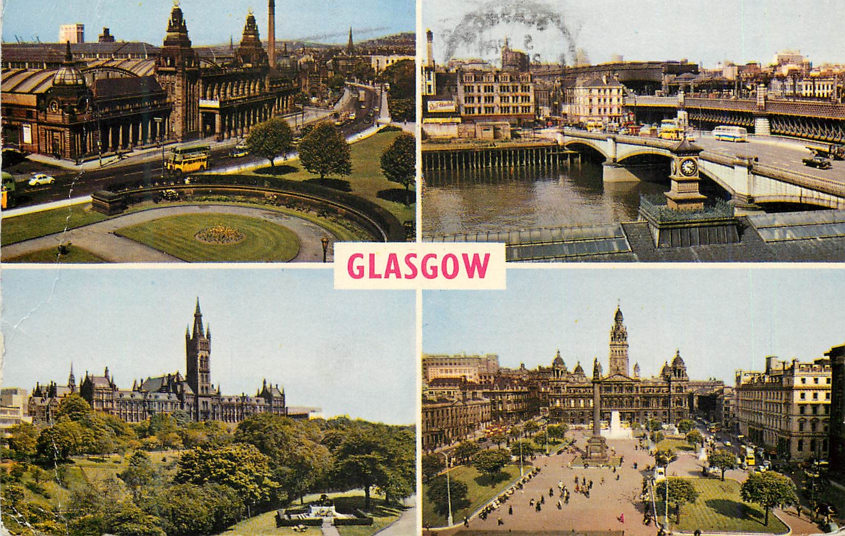 Glasgow — vue panoramique — Kelvin Hall, George V Bridge, University, City Chambers — éditeur PLC35269