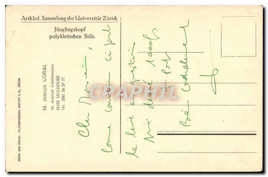 Buste de jeune homme — style poly克letis — éditeur Joseph Coral, Zürich — Verso