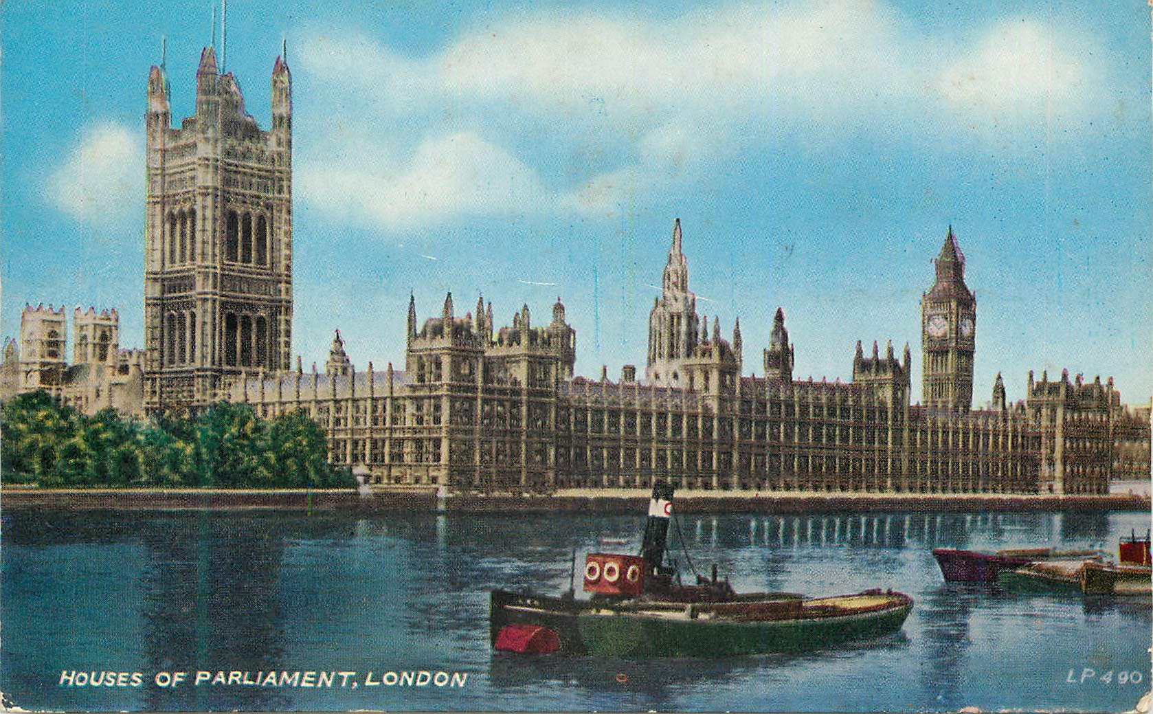Houses of Parliament, London — vue du bord de la Tamise avec le Big Ben — Lansdowne Publishing Co. Ltd., série LP 490
