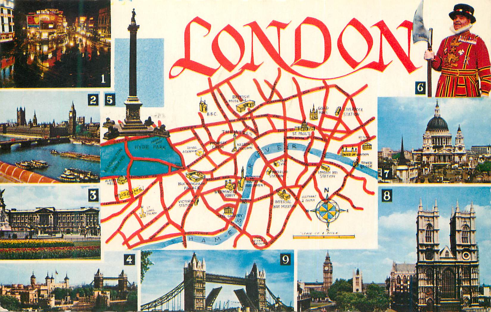 CPM London Piccadilly Circus Houses of Parliament Buckingham Palace Tower of London Nelsons Column Yeomans Warder 